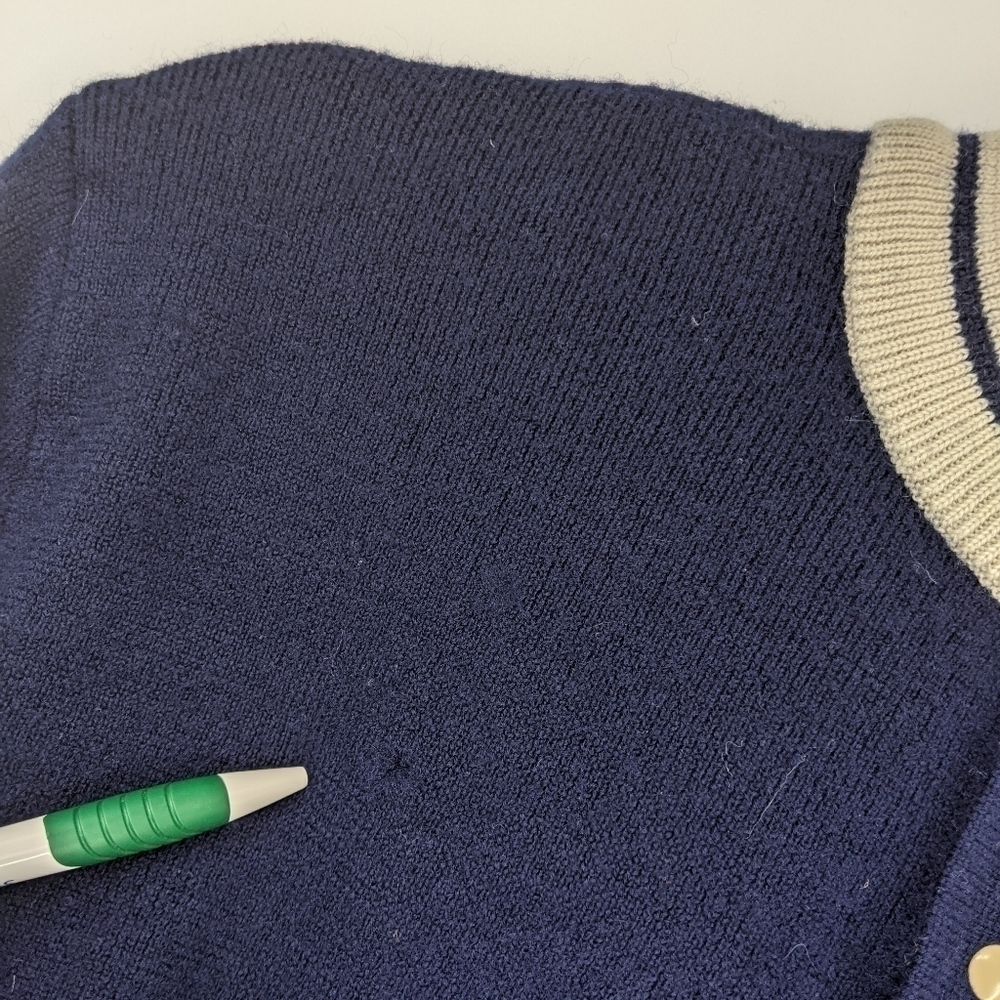 VTG MEISTER 100% New Wool Sweater Pullover Partial Button Navy Blue & Tan L - Picture 9 of 12